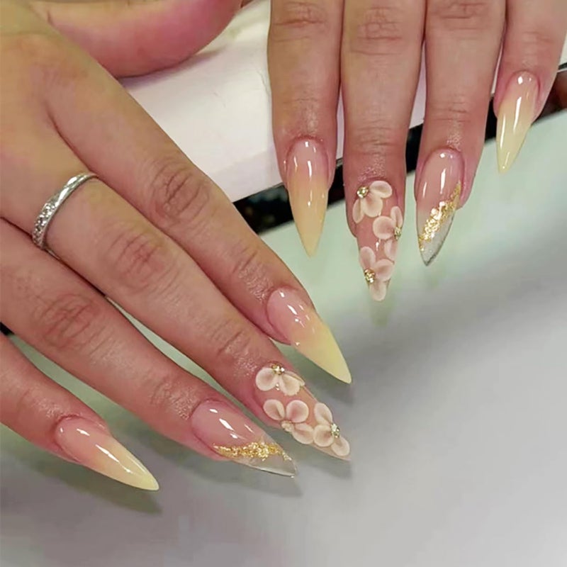 ASABITE 24 Pcs Almond Press on Nails Medium Fake Nails with Glue Artificial False Nails with 3D Flower Charms Design Acrylic Nails Press ons Stiletto Nail Tips Summer Glue on Nails Stick on Nails for Women - Image 1